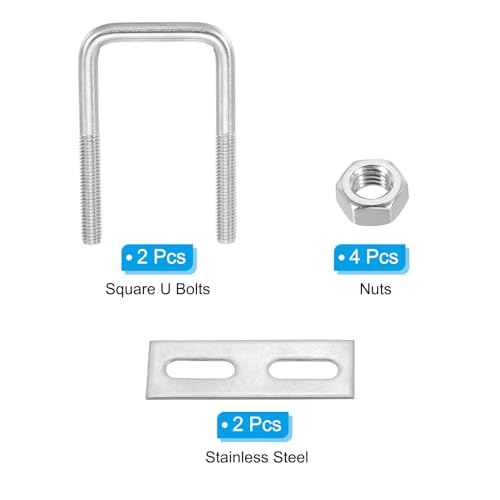 Image of PATIKIL M8x40x80mm Square U-Bolts Kit, 2Set 304 Stainless Steel Square U Shaped Bolts Replacement Parts with Frame Plates and Nuts for Ski Board Sailboat Trailer