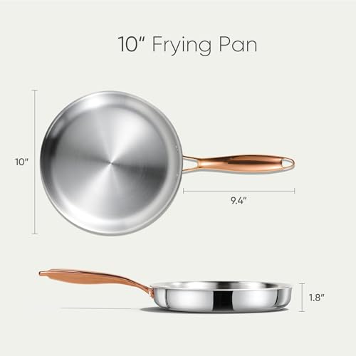 Image of CAROTE 10 inch Tri-Ply Stainless Steel Frying Pan, Non-Toxic Egg Pan Omelet Pan, Oven Safe, Induction, Ceramic and Gas Cooktops Compatible, Polished Silver