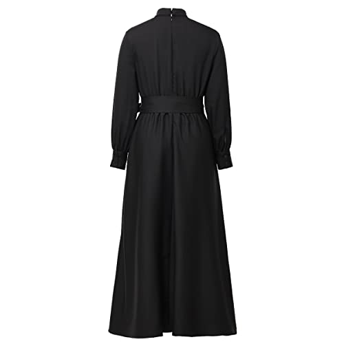 Image of CAMDOM Church Clergy Dress for Women Long Sleeve A Line Elegant Maxi Dress with Tab Insert Stand Collar and BeltA