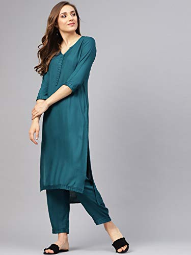 Image of idaLia Rayon Solid Straight Kurta with Pant Set - Women Kurta Set for Wedding, Formal Occasions - 3 /4 Sleeve, Calf Length, Round V Neck, Fusion Wear