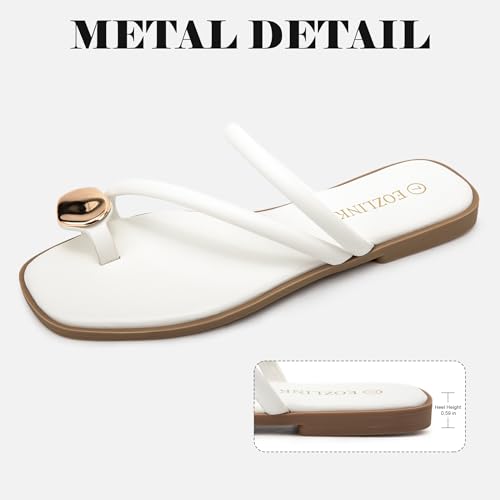 Image of Eozlink Women's Toe Ring Flat Sandals, Slip On Dressy Summer Slides | PU upper with square toe and metal accent for resort and casual outfits