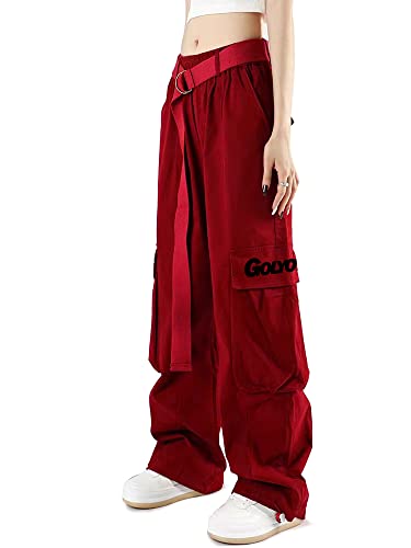 Golyoy Cargo Pants Women With Pockets High Waist Baggy Casual Techwear Wide Leg Trousers Women Relaxed Fit Adjustable Pants Red #TOP5