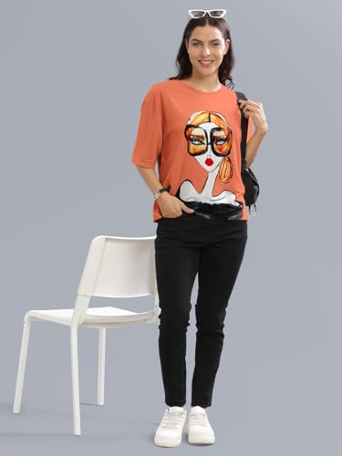 Image of HELLCAT Beige Printed Loose Fit Crew-Neck Crop T-Shirt for Women