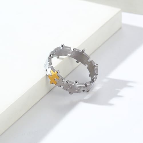 Image of Unisex 2 Colors Jigsaw Puzzle Couple Ring | Stainless Steel, Cool Splicing Shaped, Creative Hip Hop Matching Set, Wedding Band