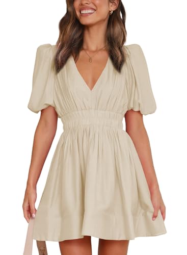 Image of Outfeel Women 2025 Summer Mini Dress Puff Short Sleeve Sexy V Neck A Line Elastic High Waist Flowy Swing Dresses