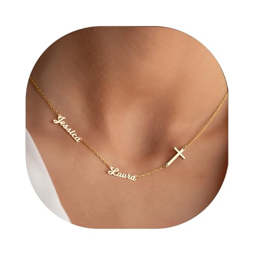 Elemtansy Mothers Day Custom Name Necklace with 1-3 Tiny Names - 18K Gold-Plated Family Necklace Personalized with Heart, Cross, Paw Print - Birthday Jewelry Gifts for Mom, Wife (2 Tiny Names + Symbol)