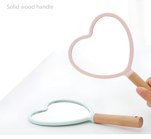Image of Heart‑Shape Wood‑Handle Handheld Mirror - 25 x 13 cm Travel Makeup Mirror with Hanging Hole (Colour May Vary) (1, Heart)