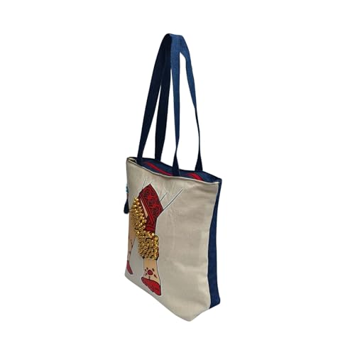 Image of Hand-Printed Tote Bag with Classical Design-Reusable, Zipper Closure For Women & Girls