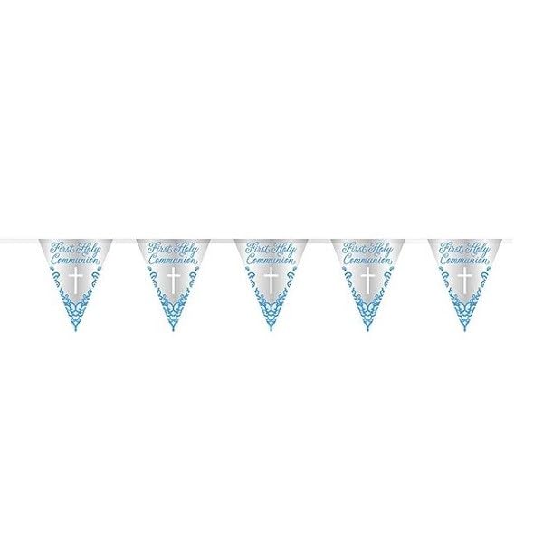First Holy Communion Bunting 9ft (2.7m) Blue Foil Decoration – Religious Party Banner with Cross Design