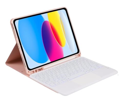Image of RTSY Keyboard case for iPad A16 (11th) & 10th Gen with Multi Gesture Touchpad & 7-Color Backlit,Multi Viewing Angle,Pencil Slot,Magnetically Detachable Bluetooth Keyboard-Pink /White