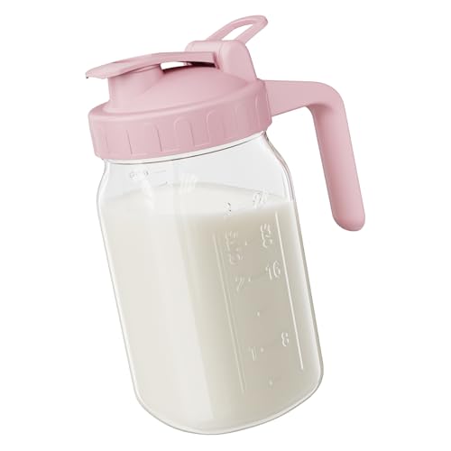 Image of JunVpic Breast Milk Pitcher Jug - 32 oz Glass Mason Jar Airtight Pitcher with Pour Spout Handle for Breastmilk, Iced Tea, Ice Drinks Storage Container（Pink）