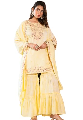 AKSHAGNA Yellow Sharara suit for women - Roman Silk Kurta