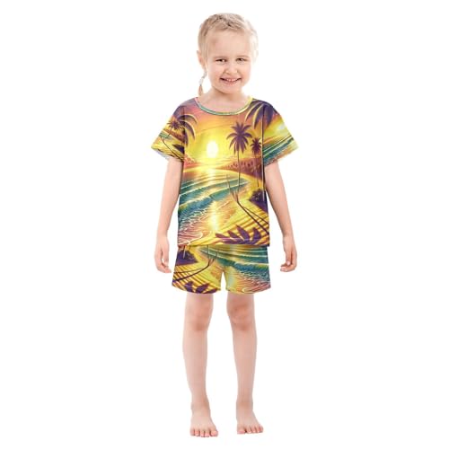 Tropical Beach Summer Yellow Pajama Set Short Sleeve Summer Pajamas Sleepwear Nightwear Set Cotton 5Y3