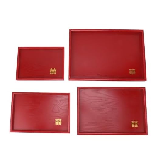 ANKROYU Bandeja De Servir De Madeira De 4 Unidades, Bandeja De Servir Decorativa, Bandeja De Servir De Casamento Vermelha Estilo Chinês Para Chá, Café, Lanche, Salva De Madeira Para Doces(B)