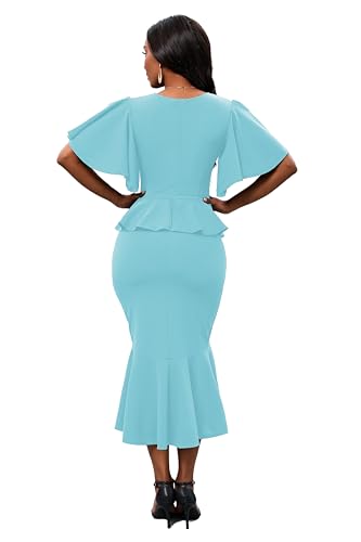 Image of Womens Summer Ruffle Short Sleeve Fishtail Dress Evening Cocktail Formal Peplum Midi Mermaid Dresses Elegant