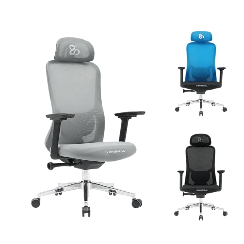 NEWSKILL NUE Silla ergonómica con reposabrazos 3D, Base metálica cromada y Respaldo de Malla Transpirable - Color Gris