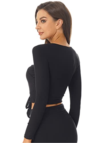 Kaerm Women's Long Sleeve Ballet Belly Dance Cardigan Wrap Top V Neck Tie Shrug Sweater Crop Top T-Shirt Tees Black X-Large #TOP3