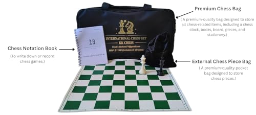 Image of Premium Tournament Vinyl Roll-Up Chess Set, 20x20 Inch, Green | Tournament-Quality Chess Board, Includes Bag, Extra Queen, Notation Book & Piece Storage, Foldable & Portable, Heavy Pieces