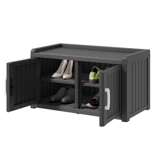Image of Outdoor Shoe Storage Cabinet, Waterproof UV-Resistant Resin Storage Bench Indoor Outdoor with 2 Doors, Adjustable Shelves for Entryway, Bedroom, Hallway,Living Room(Black)