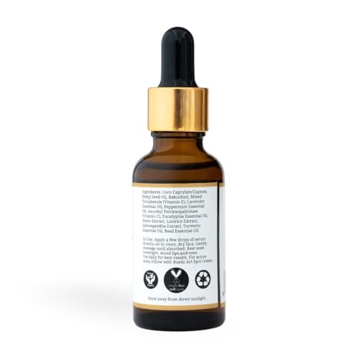 Image of Rustic Art Neem Basil Facial Serum | Vitamin C & Bakuchiol | Controls acne & breakouts, fades dark spots | Imrpoves skin radiance | For all skin types | Organic & Natural |30 ml