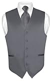 Men's Dress Vest & NeckTie Solid CHARCOAL GREY Color Neck Tie Set for Suit Tux