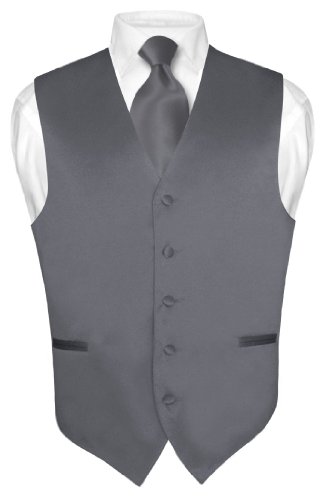 Men's Dress Vest & NeckTie Solid CHARCOAL GREY Color Neck Tie Set for Suit Tux - Main Image