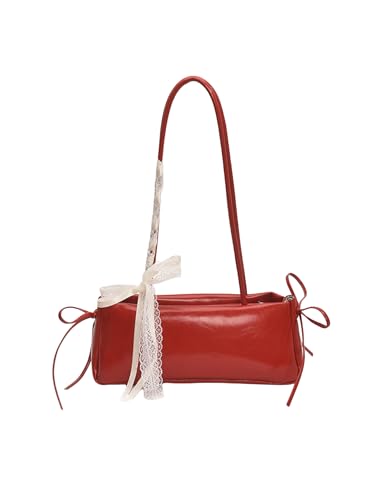 Women's Lace Bowknot Double Handle Shoulder Handbags Y2K Zipper PU Leather Underarm Bags Cute Purses