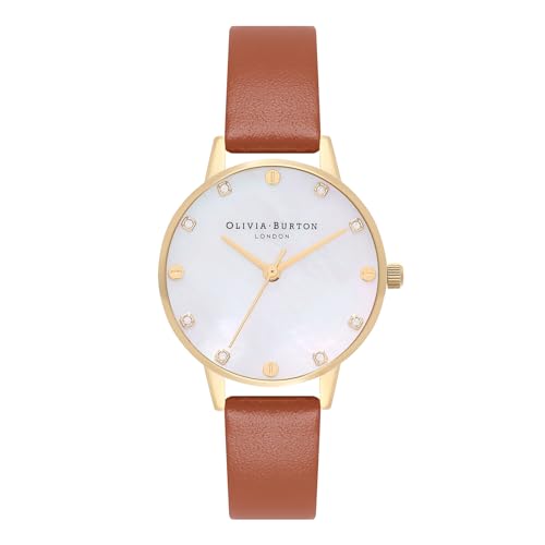 Image of Olivia Burton Classics Qtz Basic Slim White Mother of Pearl & Stone Round Dial Women's Watch|Honey Tan Leather Material|Grey Color Band - OB16SE23