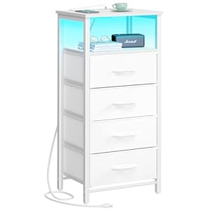 Yoobure Night Stand – LED White Nightstand with Charging Station, Bedside Table with 4 Storage Drawers and Storage Shelf, End Table with USB Ports and Outlets, Tall Dresser for Bedroom