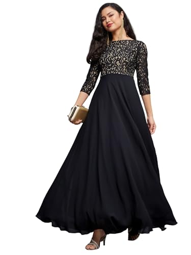 Image of Miss Chase Women's V-Neck Full Sleeve Self Design Lace-Overlaid Georgette Maxi Dress