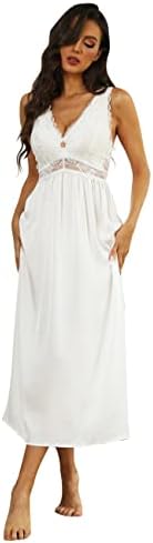 Mist Azur Nightgown Women Sleepwear Long V neck Chemise Lace Sleeveless Sleep Dress for women Elegant(White L)