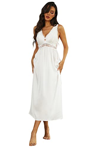 Mist Azur Nightgown Women Sleepwear Long V Neck Chemise Lace Sleeveless Sleep Dress For Women Elegant(White L) #TOP12