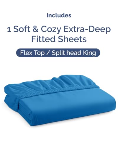 Image of Extra Deep Flex Top Split Head King Fitted Sheet - Hotel Luxury Single Fitted Sheet Only - Easily Fits 18 inch to 24 inch Mattress - Ultra Soft, Wrinkle Free w /Extra Deep Pockets - Royal Blue