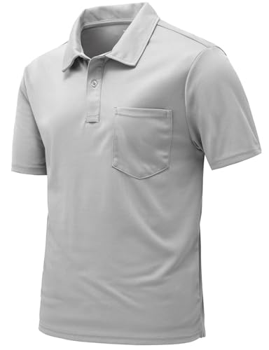 Rdruko Men's Polo Shirt Quick Dry Short Sleeve Tactical Golf Shirt with Pocket(Light Gray, US L)