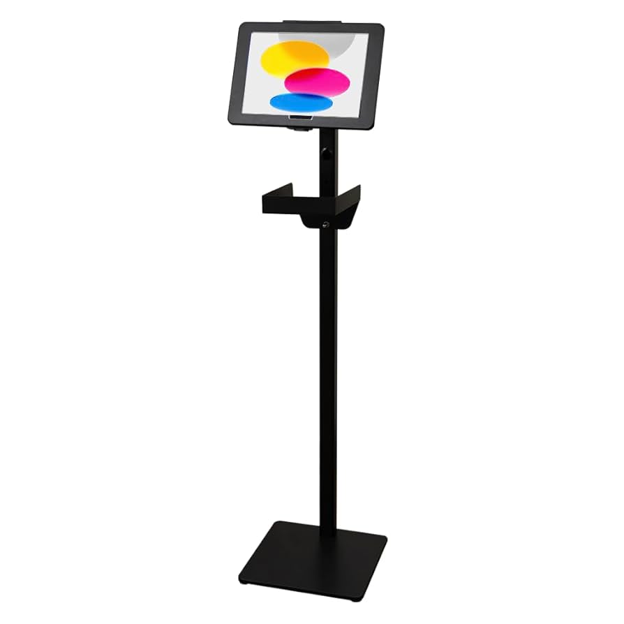 iPad フロアスタンド AirWait対応発券プリンター用トレイ付 各サイズiPad対応ホルダー 発券プリンター用トレイ付き フロア