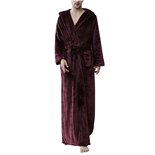 Mens Robe Warm Winter Wrap Style Hooded Bathrobe Lightweight Comfy Full Lenght House Robes With Pocket Loungewear