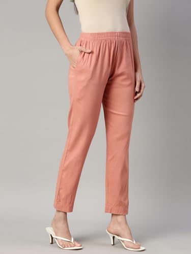 Image of MINELLI Women Solid Cigar Pants, Cotton Lycra Slub Fabric, Elasticated Waistband, Pull On Style, Regular Fit Bottom Wear for Western and Ethnic Wear