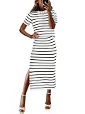 ANRABESS Womens 2 Piece Outfits Striped Sweater Skirt Sets 2025 Summer Casual Short Sleeve Pullover Tops Travel Midi Dress White Black Large