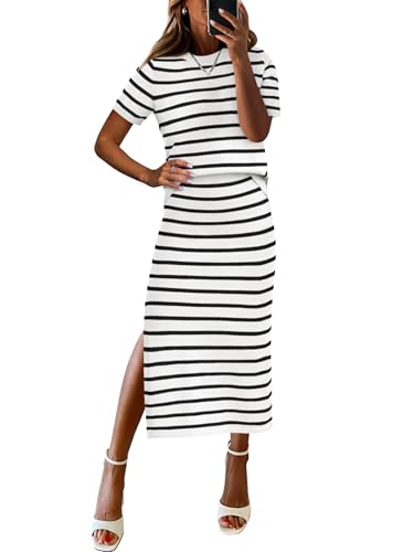 ANRABESS Womens 2 Piece Outfits Striped Sweater Skirt Sets 2025
