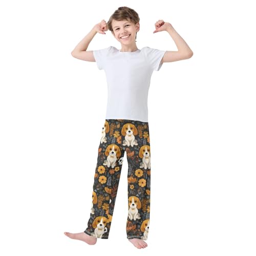 ZZXXB Beagle Skull Flowers Boys Long Pants Soft Trousers Elastic Waist Kids Lounge Bottoms with Pockets S-XL3