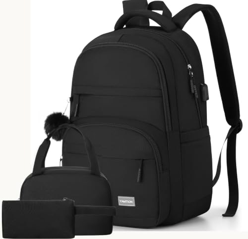 Image of YAMTION Black School Backpack Set for Women,High School Bookbag for Girls Middle School Bags for Kids with Charger Ports for College Work
