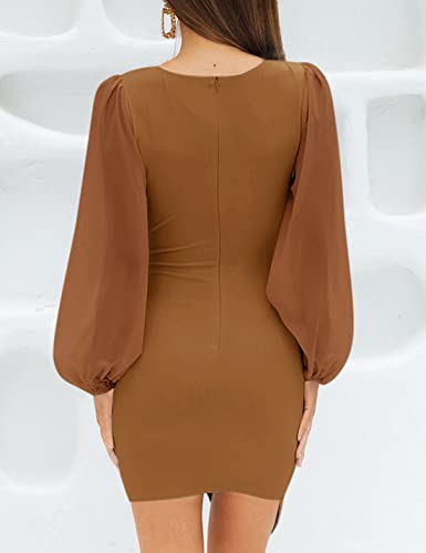 Zesica Women's Wrap V Neck Bodycon Mini Dress Puff Long Sleeve Ruched Asymmetrical Hem Cocktail Party Short Dresses,Brown,Medium #TOP2