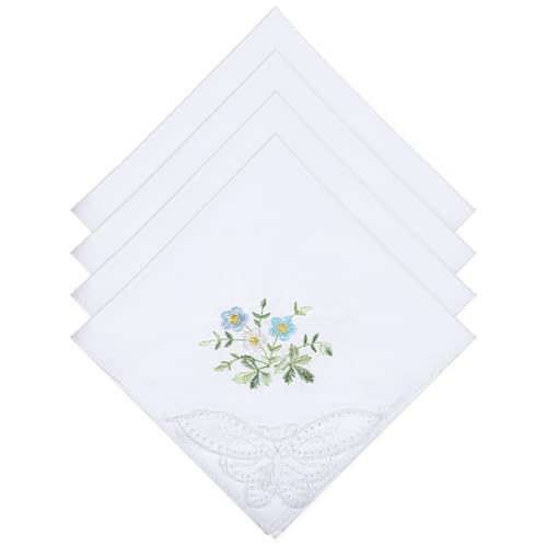 Ymapinc Pañuelos de algodón suave para mujer, 4 pañuelos personalizados con flores azules, adecuados para bodas, pañuelo de encaje bordado para mostrar elegancia, pañuelo de boda de 11 pulgadas