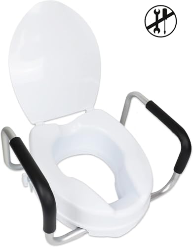 PEPE Mobility Toilettensitzerhöhung mit Armlehnen 10 cm Weiß, WC Sitzerhöhung mit Deckel für Senioren und Erwachsene, Toilettenaufsatz ohne Bohren, erhöhter Toilettensitz für klassische WCs