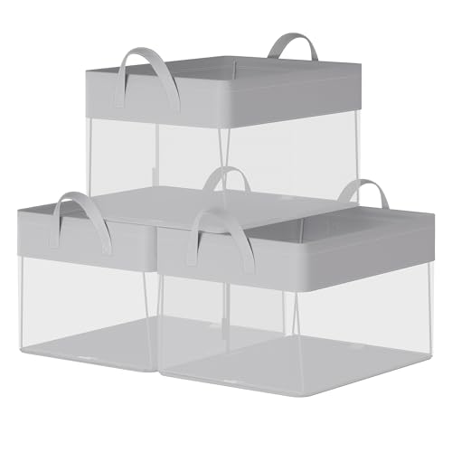 SONGMICS ClosetOrganizers Set of 3, Medium Fabric Storage Baskets, Foldable Organizer with Transparent Nylon Mesh, 15.7 x 11.8 x 9.8 Inches, Handles, for Bedroom, Living Room, Cream White UR