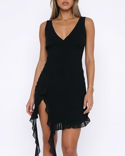 Image of Women's Summer Bodycon Dresses Sexy V Neck Backless Y2K Slit Ruffle Trim Fringe Cocktail Party Mini Mesh Tank Dress