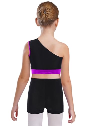 TiaoBug Kids Girls Pcs Metallic Color Block Gymnastics Dance Outfit One Shoulder Tank Top And Shorts Set2