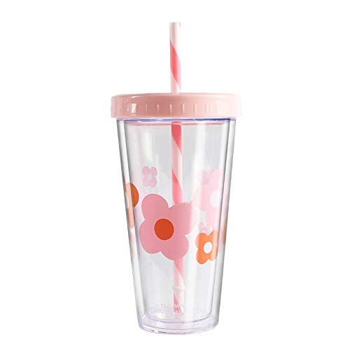 Small Flower Double Layer Transparent Straw Cup 420ml Creative Plastic Water Cup Beautiful And Generous Material Environmental Protection Cover