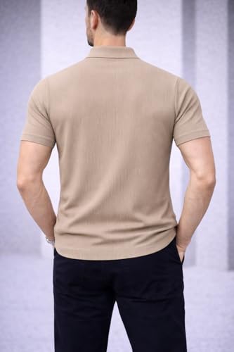 Image of Mack Jonney Men Ribbed Polo T-Shirt | Regular Fit | Half Sleeve | Zip Collar Casual T-Shirt-MJ-94