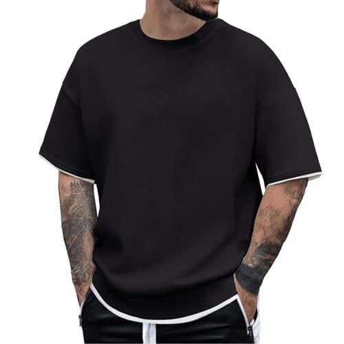 Tee Shirt Homme, Décontractés Sport Long Tee Shirt Oversize Ete Coupe Large Unis Chemise Manches Courtes Grande Taille Col Rond T-Shirt, Black, L
